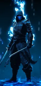 Mystical warrior standing in vibrant blue flames, showcasing fantasy art.