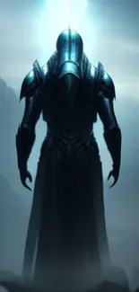 Mystical armored figure in blue light amidst mountains.