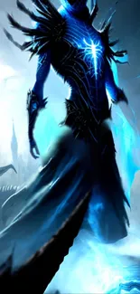 Fantasy warrior shrouded in mystical blue light, set in an ethereal landscape.