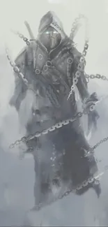 Mystical hooded warrior with chains and mist in grayscale artwork.