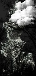 Mystical statue with clouds in a black and white mobile wallpaper.