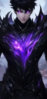 Anime character in dark armor with purple glow.