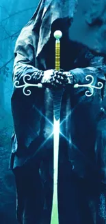 Hooded figure with sword in a dark, mystical forest.