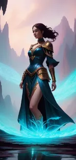 Mystical warrior woman in fantasy realm with glowing blue aura.