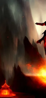 Mystical warrior floats in fiery, magical landscape.