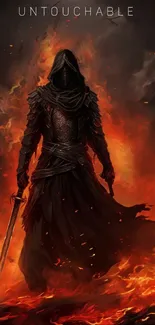 Hooded warrior stands amid fiery flames, holding a sword, in a dramatic fantasy scene.