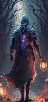 A hooded warrior holding a lantern in a dark, mystical forest.