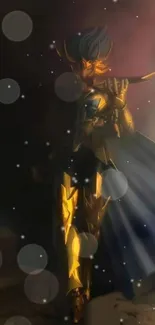 Mystical warrior in gold armor with ethereal light.