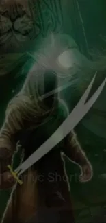 Hooded warrior in mystic green fog with radiating sword.