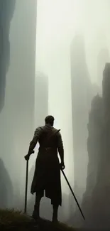 Warrior with sword in misty, towering canyon.