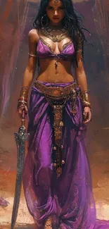 Mystical warrior in vibrant purple attire, holding a sword, with a detailed backdrop.