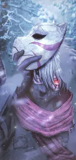 Anime warrior in a snowy forest, wearing a mystical mask.