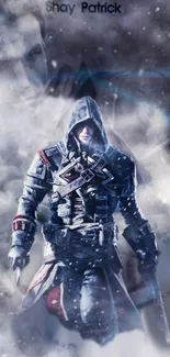 Warrior in winter snow, hooded in dark attire.