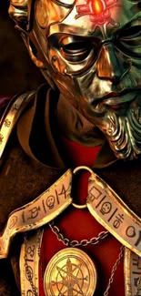 A mystical warrior with a detailed mask and symbols on a red background.