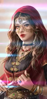 Mystical female warrior with red headscarf adorned with intricate jewelry.