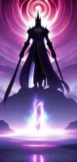 Silhouetted warrior in pink and purple celestial background.