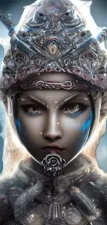 Mystical warrior with intricate armor on ethereal background.