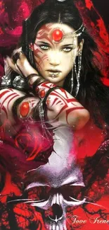 Mystical warrior with tribal design and red accents in fantasy art wallpaper.