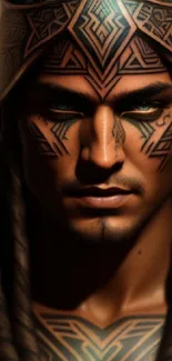 Mystical warrior with tribal tattoos in a dark, earthy-themed mobile wallpaper.