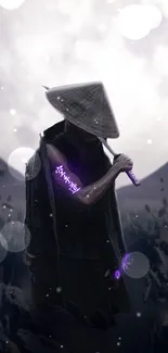 Mystical warrior in moonlight with purple accents on sword and arm.