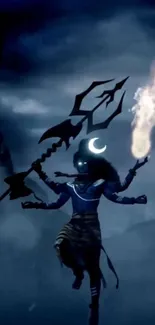 Mystical warrior silhouetted against dark sky with fire and crescent moon.