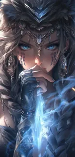 Mystical warrior with glowing blue eyes in fantasy art wallpaper.