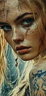 Mystical warrior portrait with tattoos and a fierce gaze.