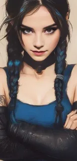 Mystical female warrior with braided hair and tattoos.