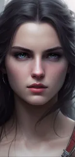 Mystical female warrior with dark hair and intense expression in fantasy style.