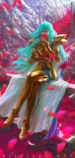 Mystical warrior in gold armor with red roses background.