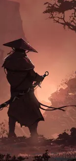 Silhouette of a warrior at sunset in a mystical landscape.