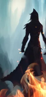 Silhouette of a warrior with fiery elements in a misty fantasy landscape.