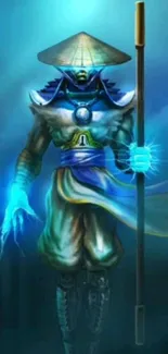 Mystical warrior with staff in teal aura.