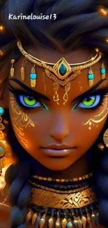 A mystical warrior princess with golden jewelry and piercing green eyes.