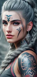 Mystical warrior with tattoos and braided hair in a fantasy setting.