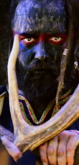 Mystical warrior with face paint and antlers in dark setting.