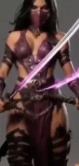 Mystical warrior with dual glowing swords and purple armor.