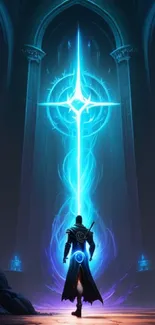 Fantasy warrior with glowing blue sword in mystical cathedral.