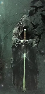 Mystical warrior holding a sword in a dark, enchanted forest.