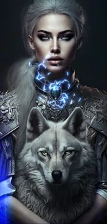 A mystical warrior with intricate armor and a wolf, in a fantasy setting.