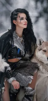 Warrior kneeling with wolf in snowy forest.