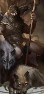 Fantasy warrior with wolves in mystical setting.