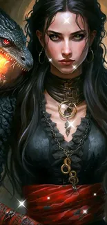 Fantasy art of a warrior woman with a serpent, in dark tones.