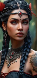 Mystical warrior woman with braids and jewelry in a forest setting.