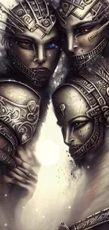 Mystical warriors with intricate armor in surreal art style mobile wallpaper.