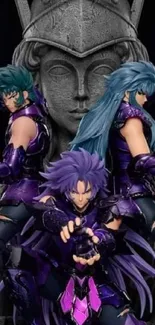 Mystical warriors in purple armor against a stone statue backdrop.