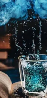 Mystical water art with blue smoke and splashes on a book.