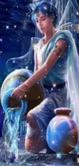 Mystical Aquarius art with water bearer under stars.