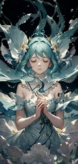 Fantasy wallpaper featuring a mystical water nymph with teal hues gracefully posed.