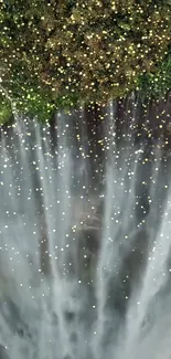 Aerial view of a cascading waterfall with lush greenery.